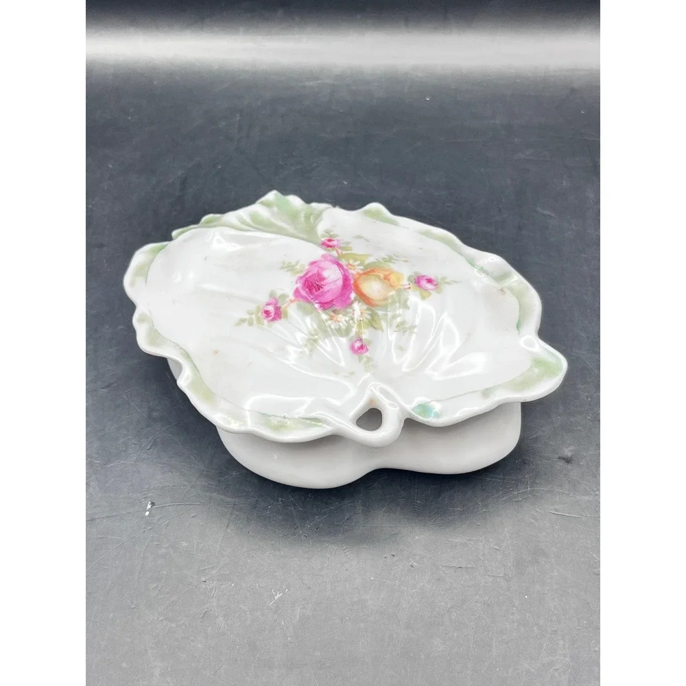 Antique‎ R&S Germany Porcelain Trinket Box Leaf Dish Rose Floral Lidded 4.25